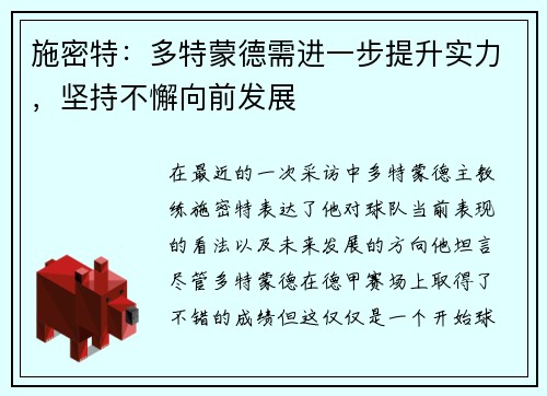 施密特：多特蒙德需进一步提升实力，坚持不懈向前发展