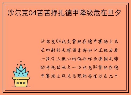 沙尔克04苦苦挣扎德甲降级危在旦夕